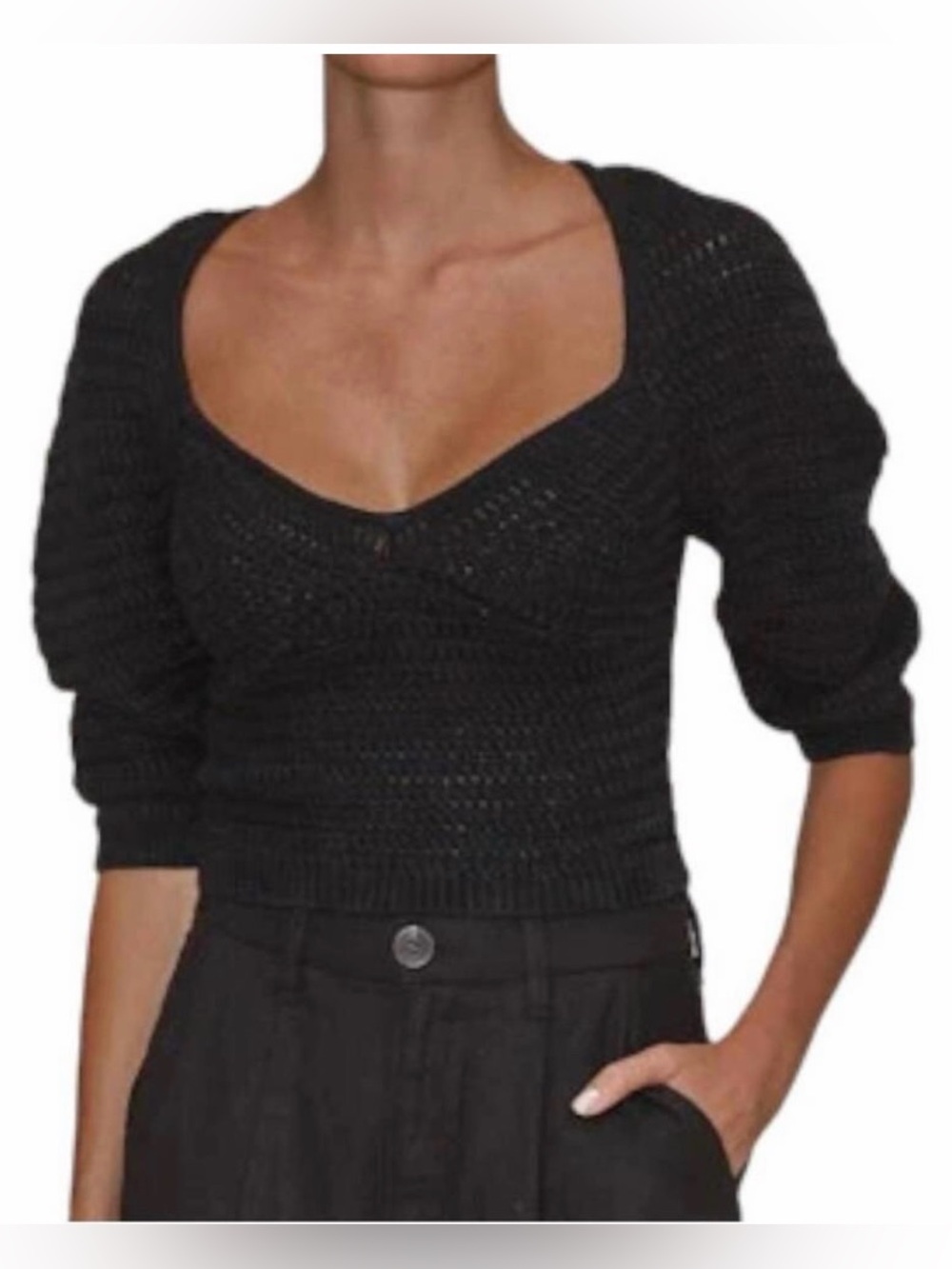 Le Jean Los Angeles SIZE 4 The linen crochet sweetheart neck top in black